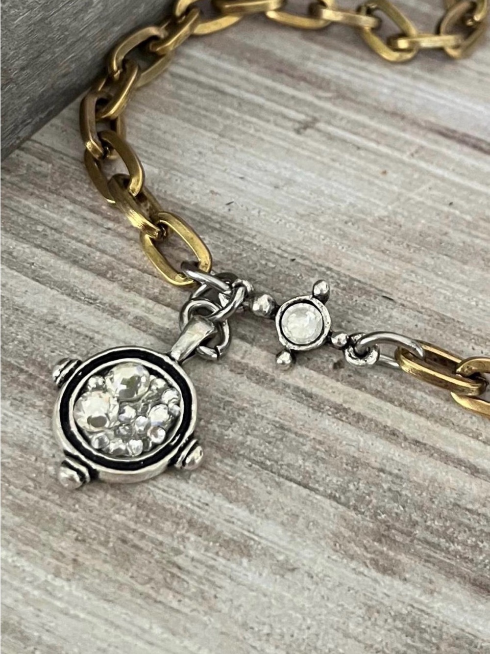 Antique  gold chunky chain chain necklace with artisan pendants pave charm